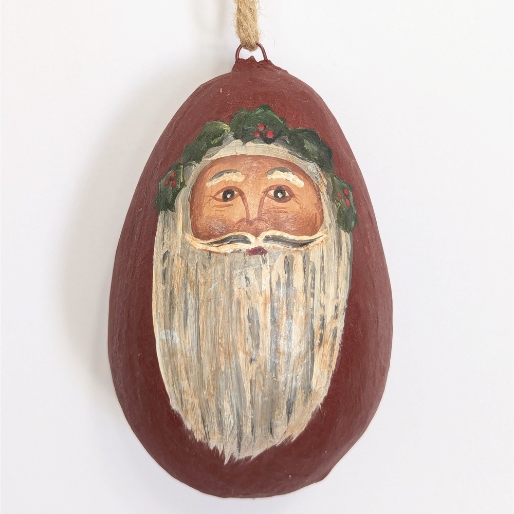 Vintage Paper Mache Hand-painted Egg Shaped Santa Ornament 4.5"